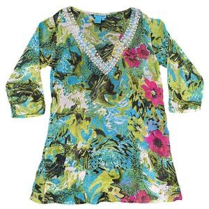 Aqua Blue Embellished Multi-color Floral Tropical Print Beach Swim Pool Coverup